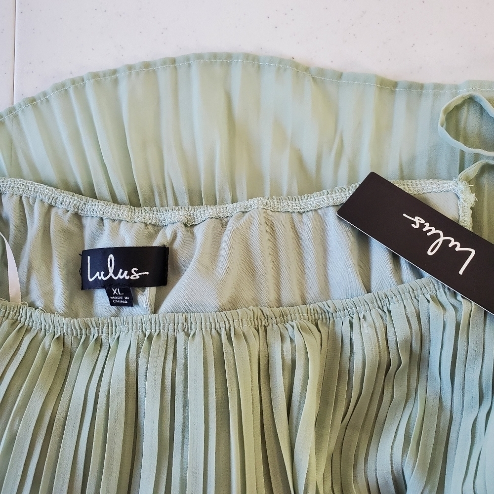 Lulus Blowing Kisses Pleated One Shoulder Mini Dress XL Tiered Sage Green NEW - Picture 11 of 12